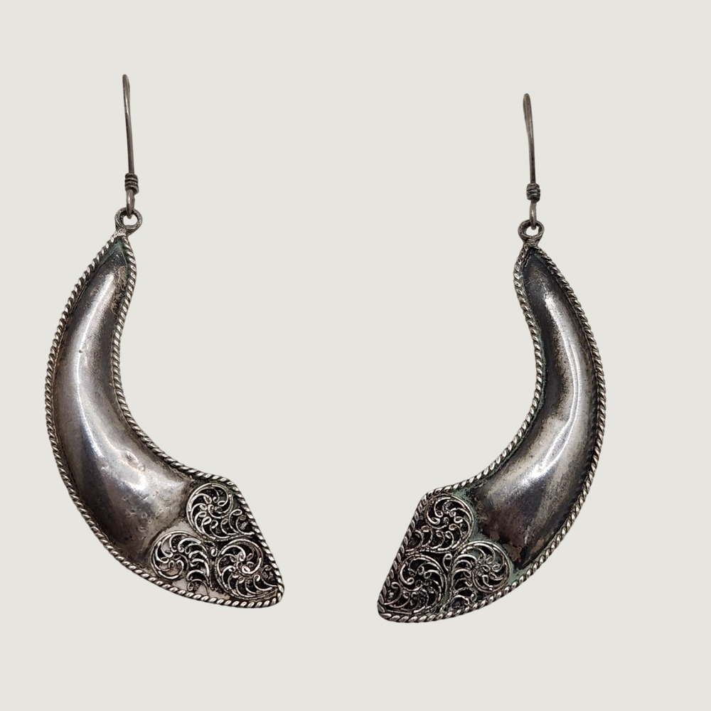 Boho Silver Filigree Horn Dangle Earrings Artisan Handcrafted Statement Ethnic
